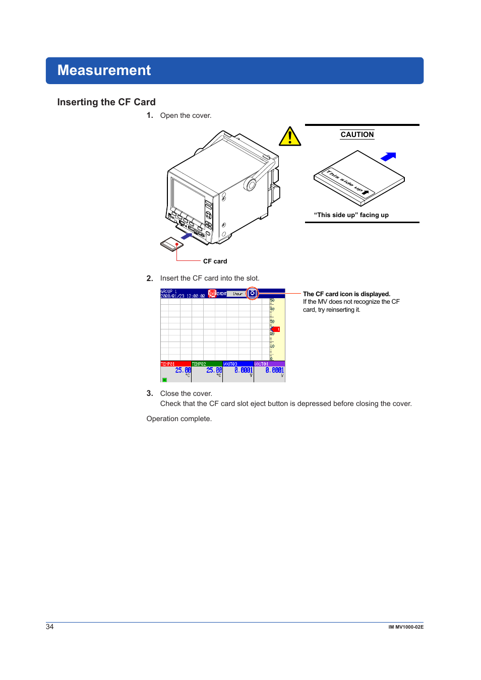 Measurement, Inserting the cf card | Yokogawa Button Operated MV2000 User Manual | Page 34 / 57