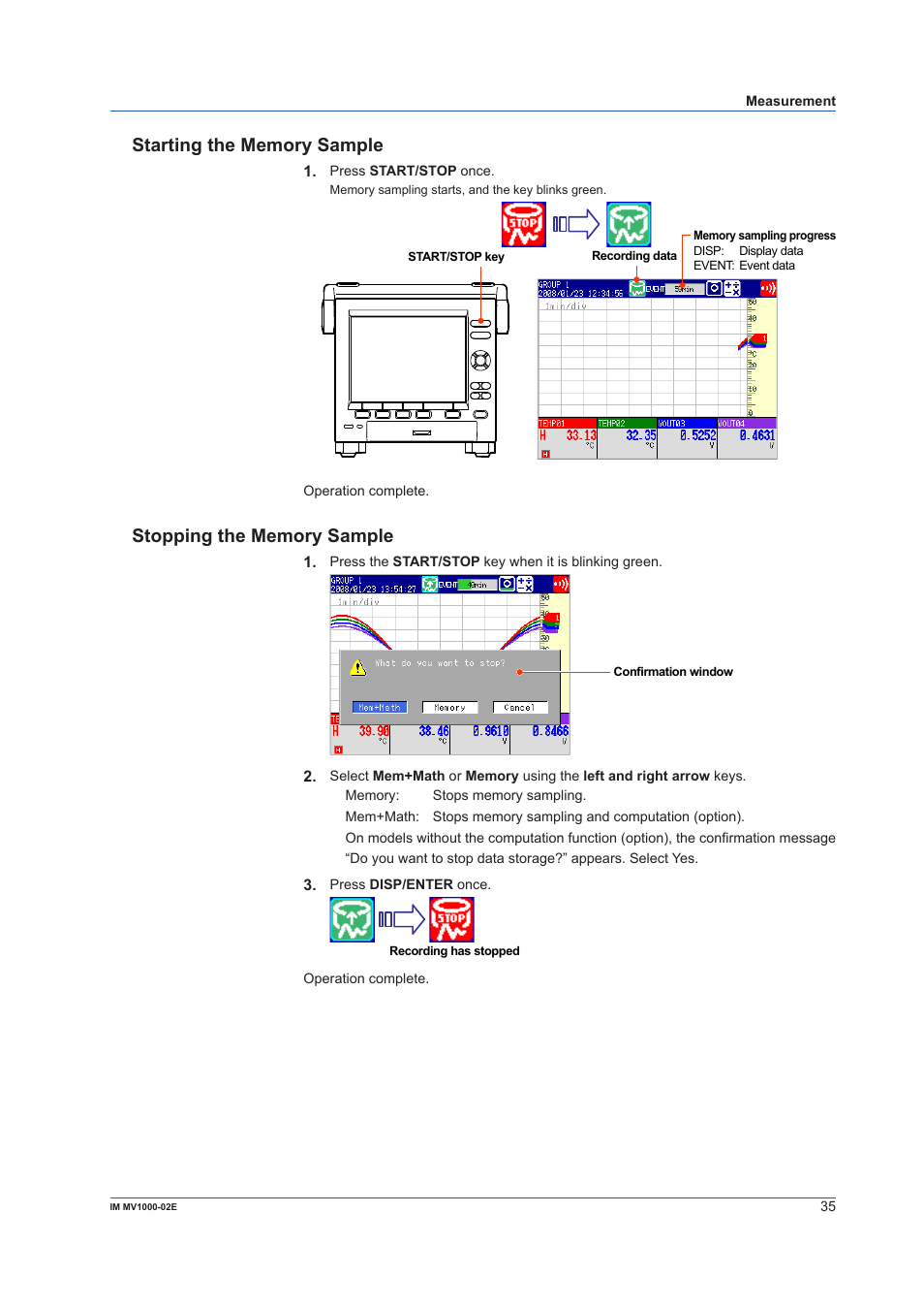 Starting the memory sample, Stopping the memory sample | Yokogawa Button Operated MV2000 User Manual | Page 35 / 57