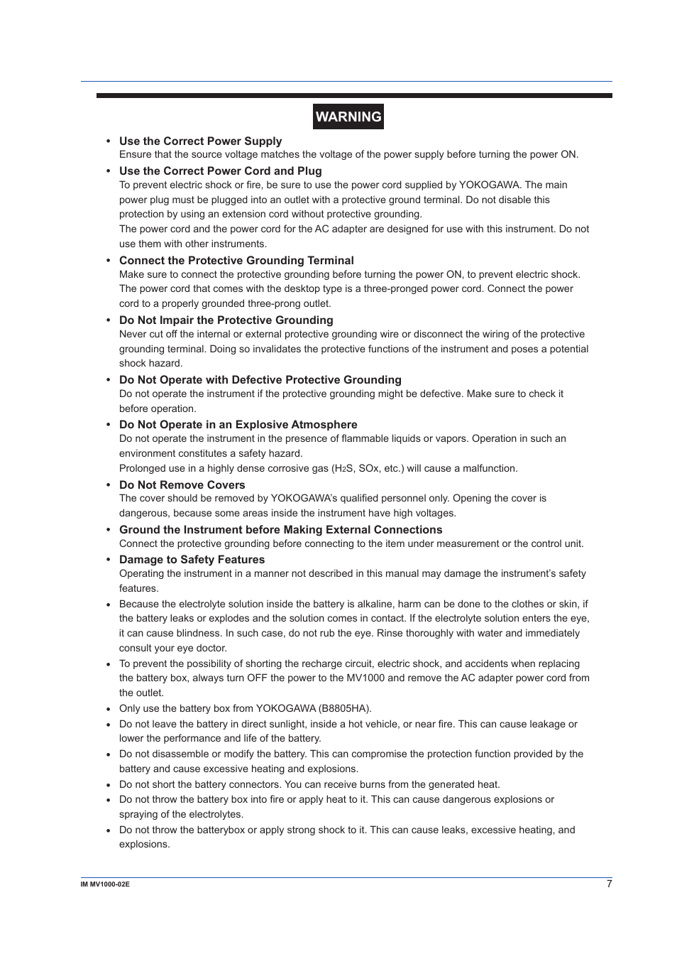 Warning | Yokogawa Button Operated MV2000 User Manual | Page 7 / 57