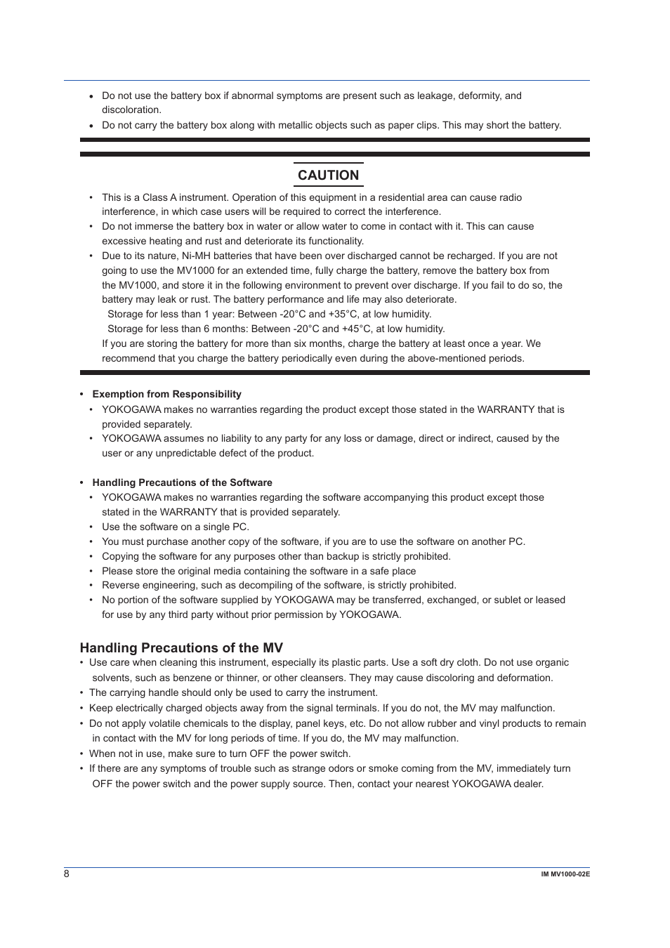 Handling precautions of the mv, Caution | Yokogawa Button Operated MV2000 User Manual | Page 8 / 57