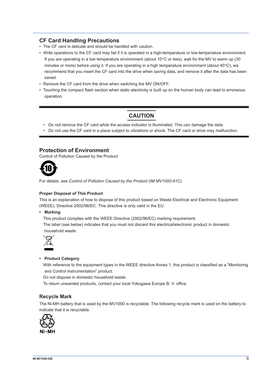 Cf card handling precautions, Protection of environment, Caution | Yokogawa Button Operated MV2000 User Manual | Page 9 / 57