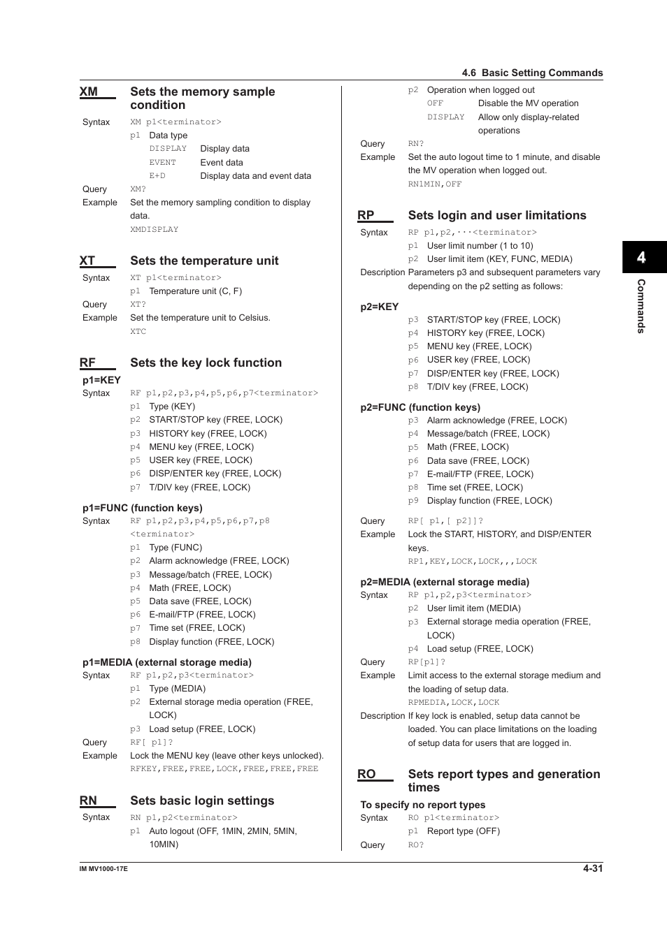 App index, Xt sets the temperature unit, Rf sets the key lock function | Rn sets basic login settings, Rp sets login and user limitations, Ro sets report types and generation times | Yokogawa Button Operated MV2000 User Manual | Page 105 / 178