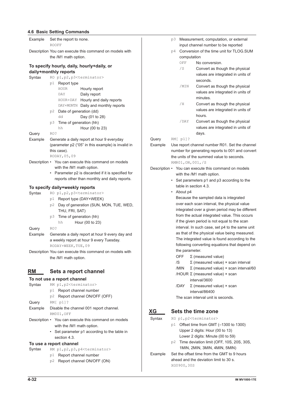 Rm sets a report channel, Xg sets the time zone | Yokogawa Button Operated MV2000 User Manual | Page 106 / 178