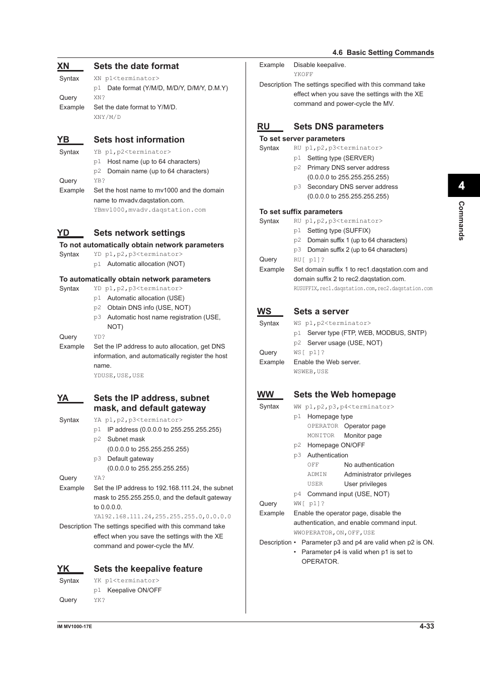 App index, Xn sets the date format, Yb sets host information | Yd sets network settings, Yk sets the keepalive feature, Ru sets dns parameters, Ws sets a server, Ww sets the web homepage | Yokogawa Button Operated MV2000 User Manual | Page 107 / 178