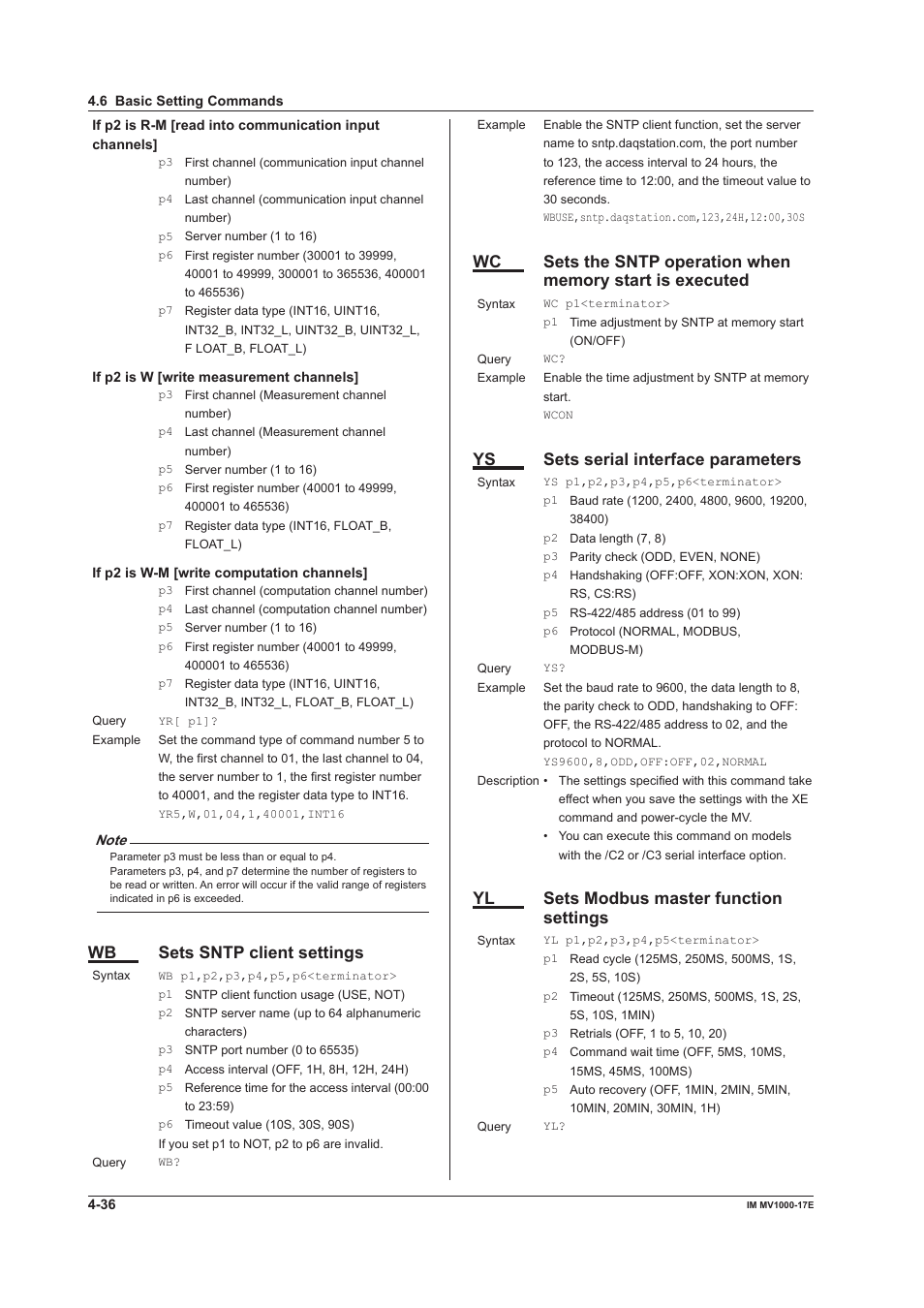 Wb sets sntp client settings, Ys sets serial interface parameters, Yl sets modbus master function settings | Yokogawa Button Operated MV2000 User Manual | Page 110 / 178