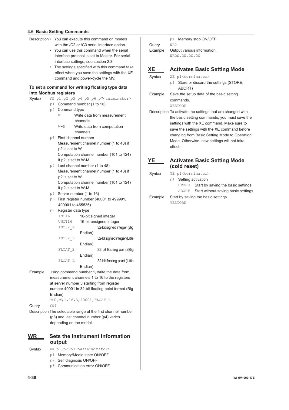 Wr sets the instrument information output, Xe activates basic setting mode, Ye activates basic setting mode (cold reset) | Yokogawa Button Operated MV2000 User Manual | Page 112 / 178