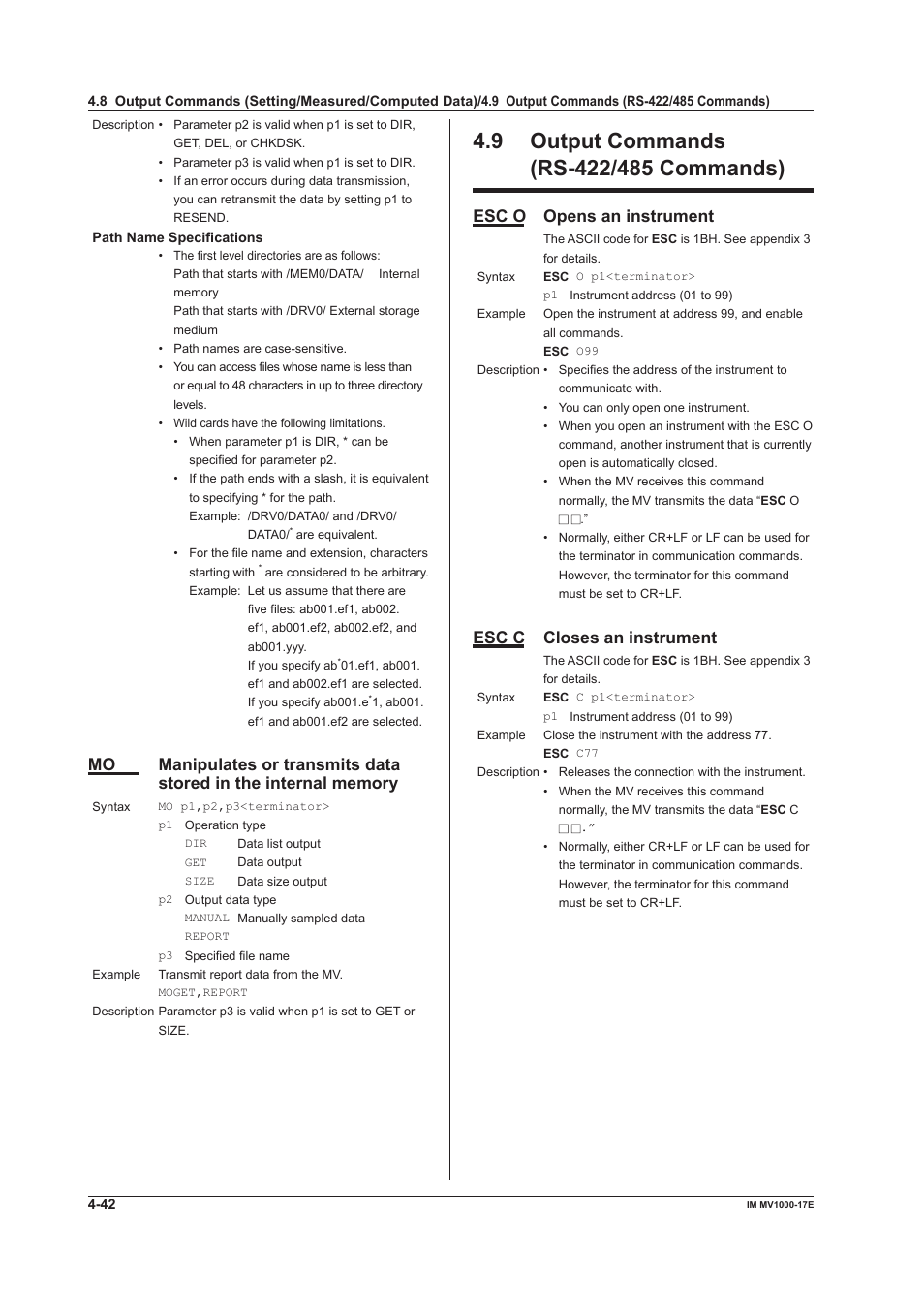 9 output commands (rs-422/485 commands), 9 output commands (rs-422/485 commands) -42, Esc o opens an instrument | Esc c closes an instrument | Yokogawa Button Operated MV2000 User Manual | Page 116 / 178