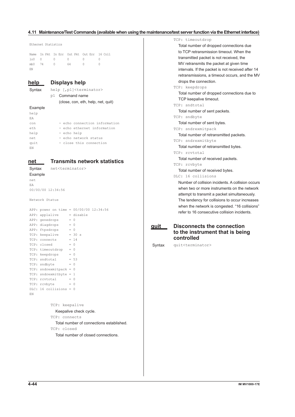 Help displays help, Net transmits network statistics | Yokogawa Button Operated MV2000 User Manual | Page 118 / 178