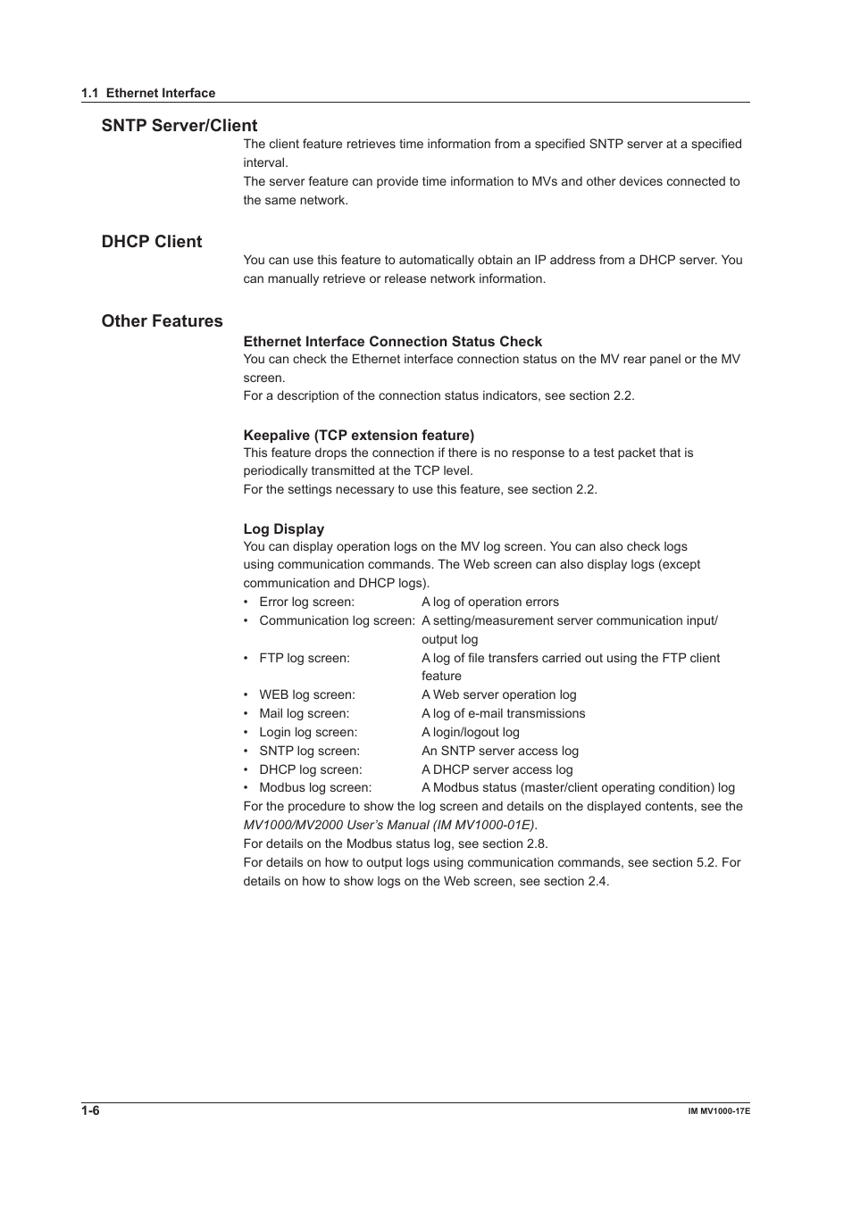 Sntp server/client, Dhcp client, Other features | Yokogawa Button Operated MV2000 User Manual | Page 13 / 178