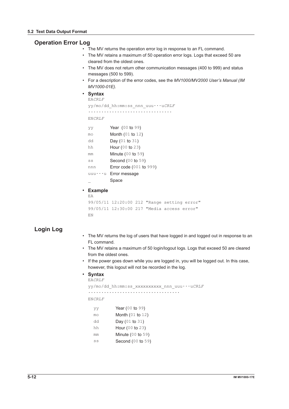 Operation error log, Login log | Yokogawa Button Operated MV2000 User Manual | Page 131 / 178