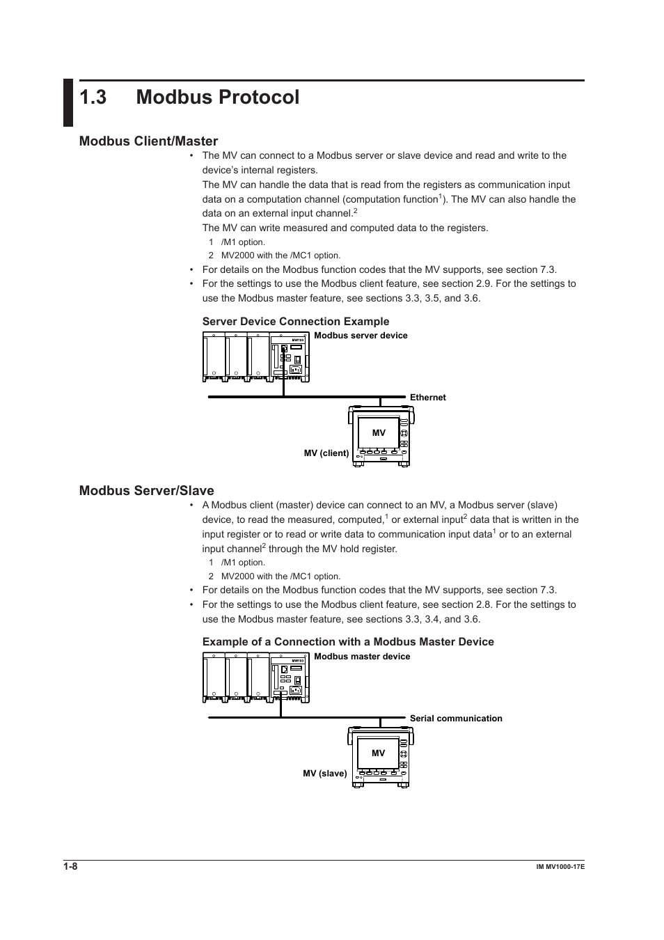 3 modbus protocol, 3 modbus protocol -8, Modbus client/master | Modbus server/slave | Yokogawa Button Operated MV2000 User Manual | Page 15 / 178