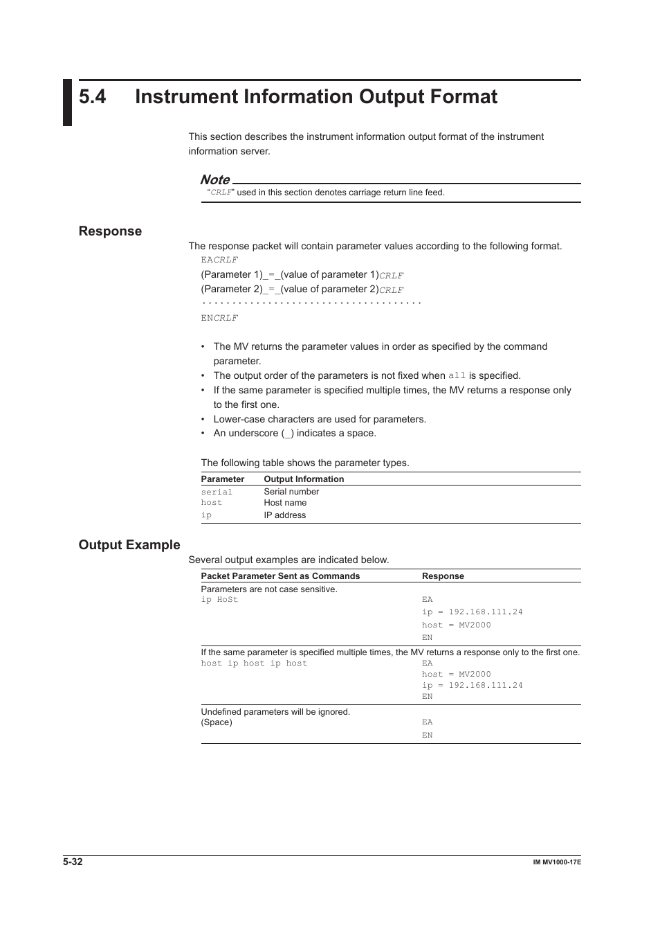 4 instrument information output format, 4 instrument information output format -32, Response | Output example | Yokogawa Button Operated MV2000 User Manual | Page 151 / 178