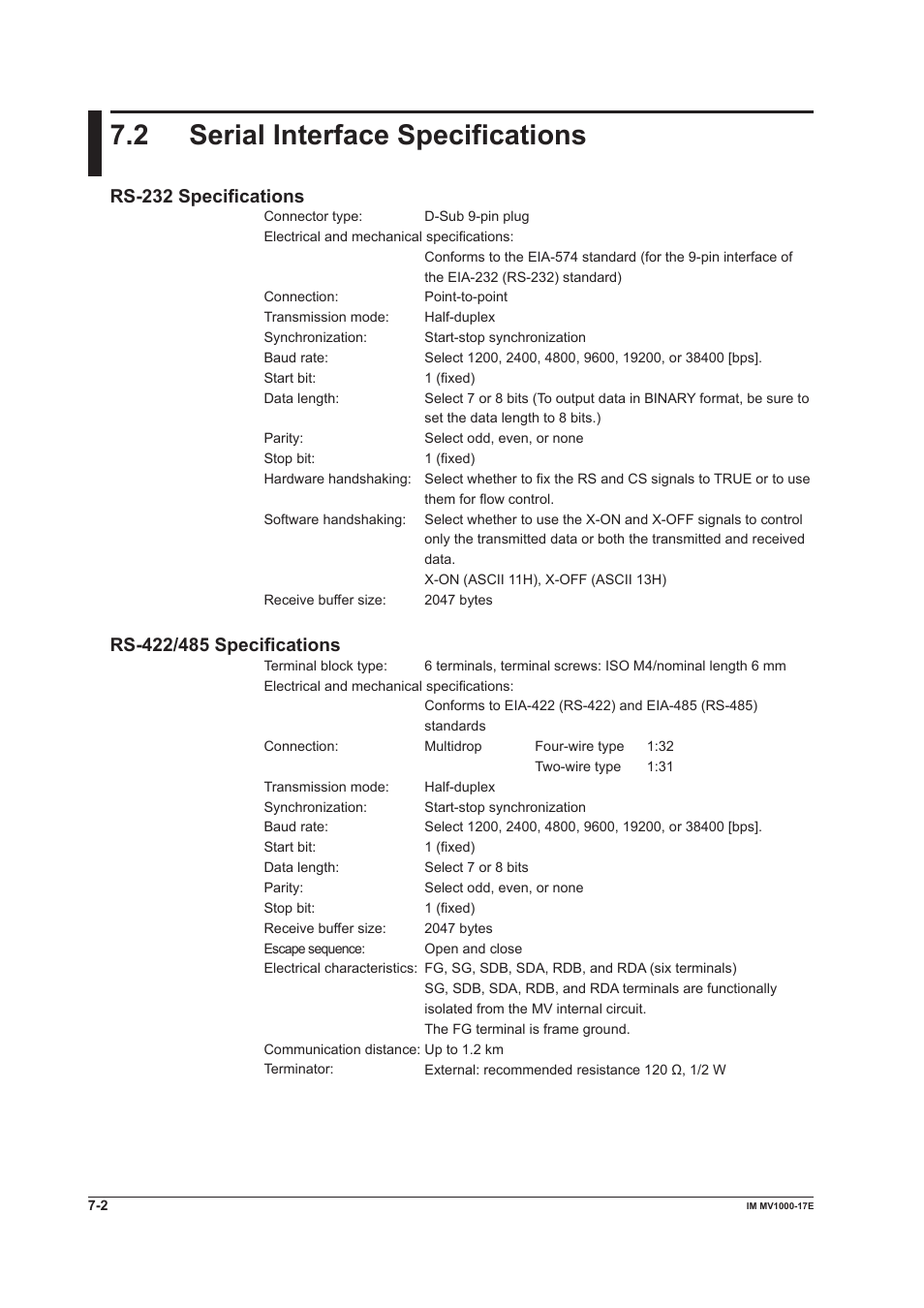 2 serial interface specifications, 2 serial interface specifications -2, Rs-232 specifications | Yokogawa Button Operated MV2000 User Manual | Page 156 / 178