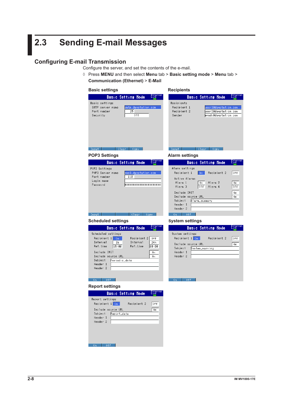 3 sending e-mail messages, 3 sending e-mail messages -8, Configuring e-mail transmission | Yokogawa Button Operated MV2000 User Manual | Page 23 / 178