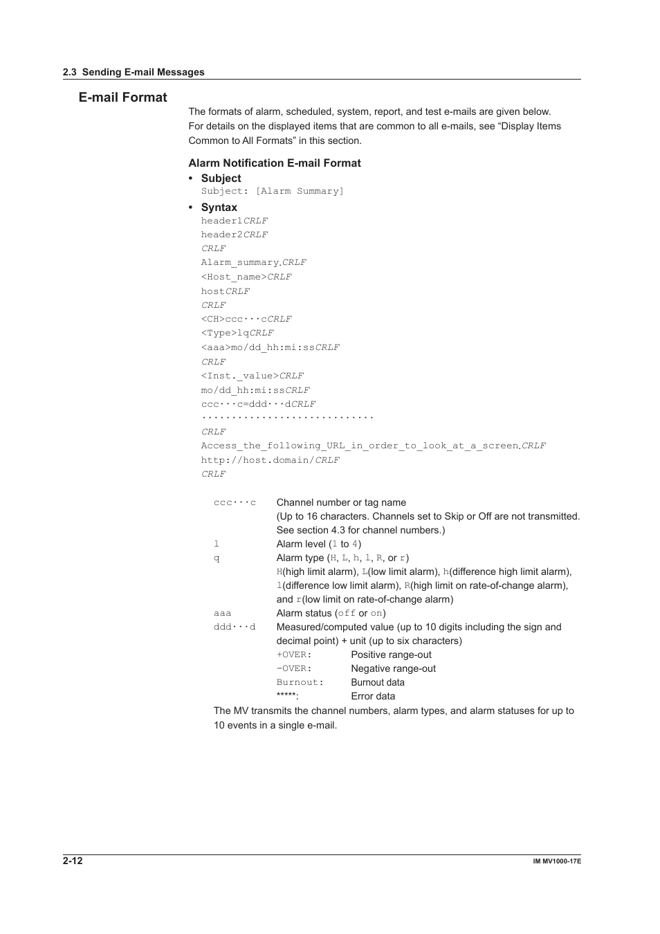 E-mail format | Yokogawa Button Operated MV2000 User Manual | Page 27 / 178