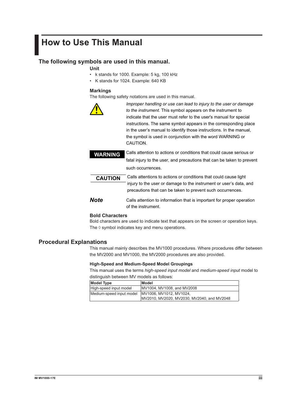 How to use this manual, The following symbols are used in this manual, Procedural explanations | Yokogawa Button Operated MV2000 User Manual | Page 4 / 178