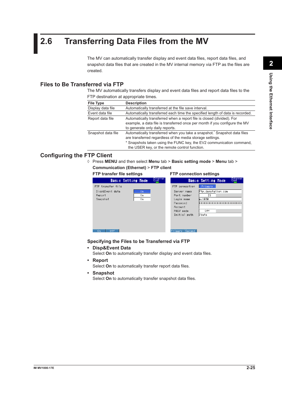 6 transferring data files from the mv, 6 transferring data files from the mv -25, App index | Files to be transferred via ftp, Configuring the ftp client | Yokogawa Button Operated MV2000 User Manual | Page 40 / 178