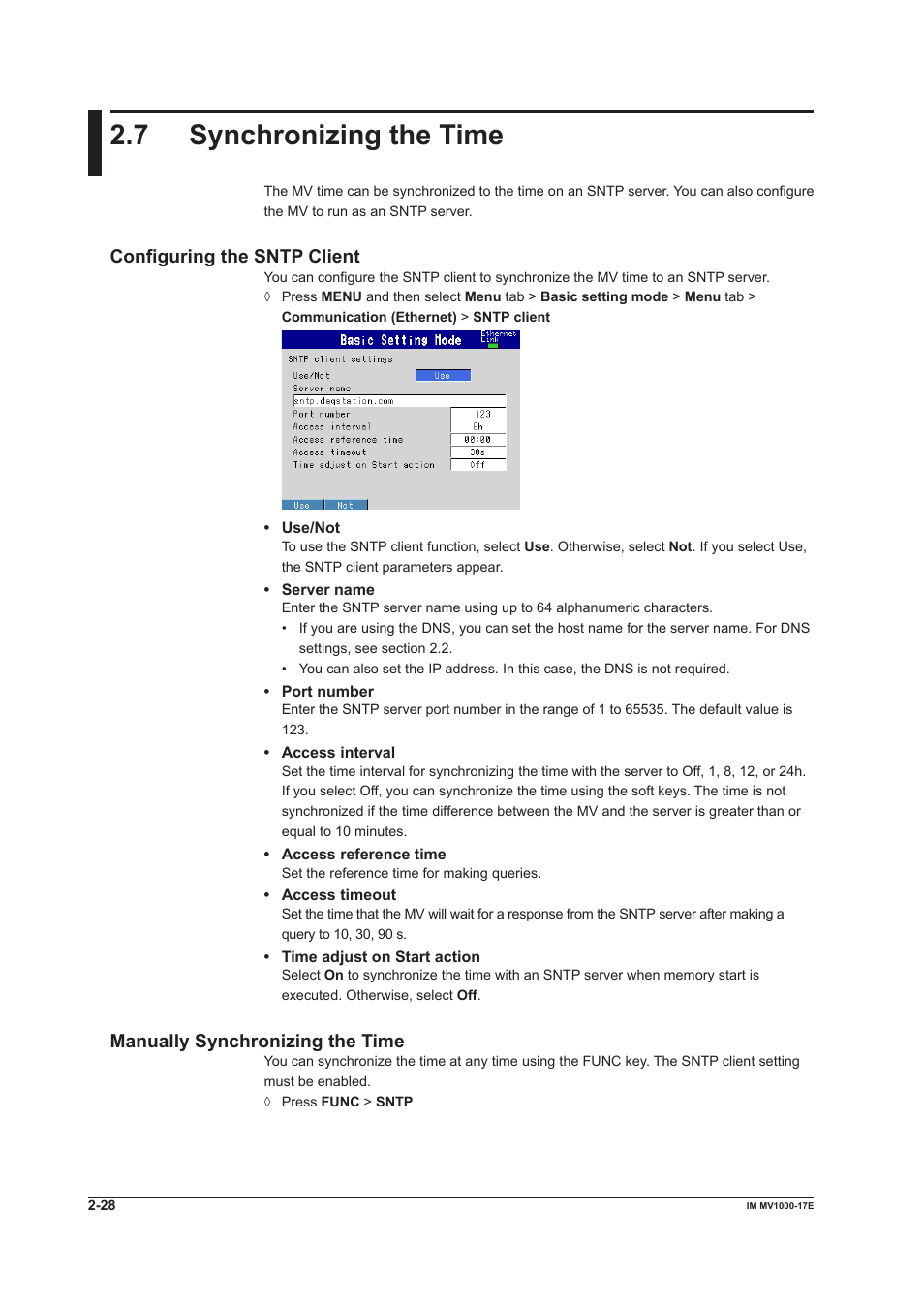 7 synchronizing the time, 7 synchronizing the time -28, Configuring the sntp client | Manually synchronizing the time | Yokogawa Button Operated MV2000 User Manual | Page 43 / 178