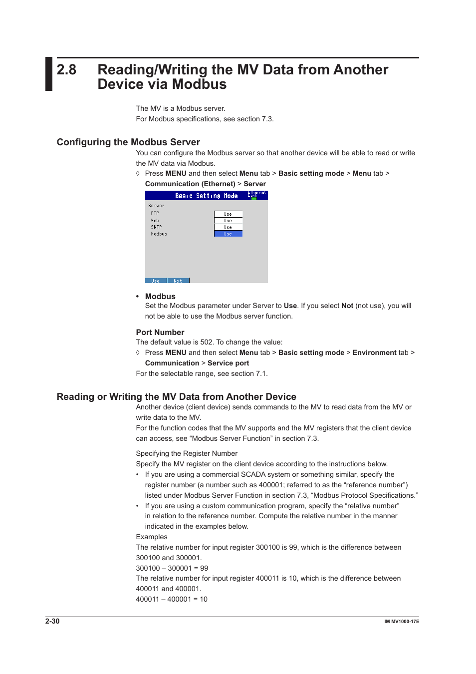 Configuring the modbus server, Reading or writing the mv data from another device | Yokogawa Button Operated MV2000 User Manual | Page 45 / 178