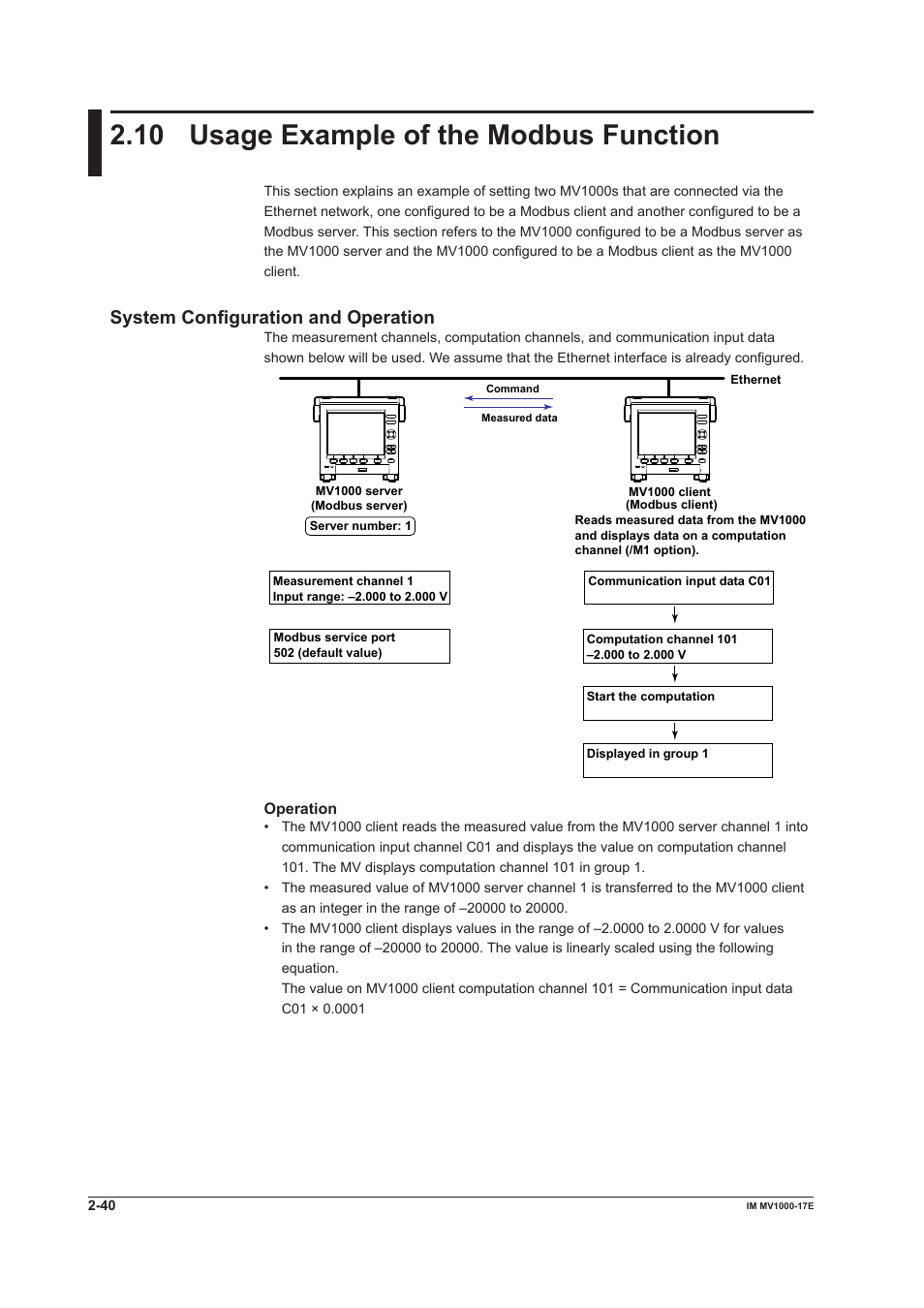 10 usage example of the modbus function, 10 usage example of the modbus function -40, System configuration and operation | Yokogawa Button Operated MV2000 User Manual | Page 55 / 178