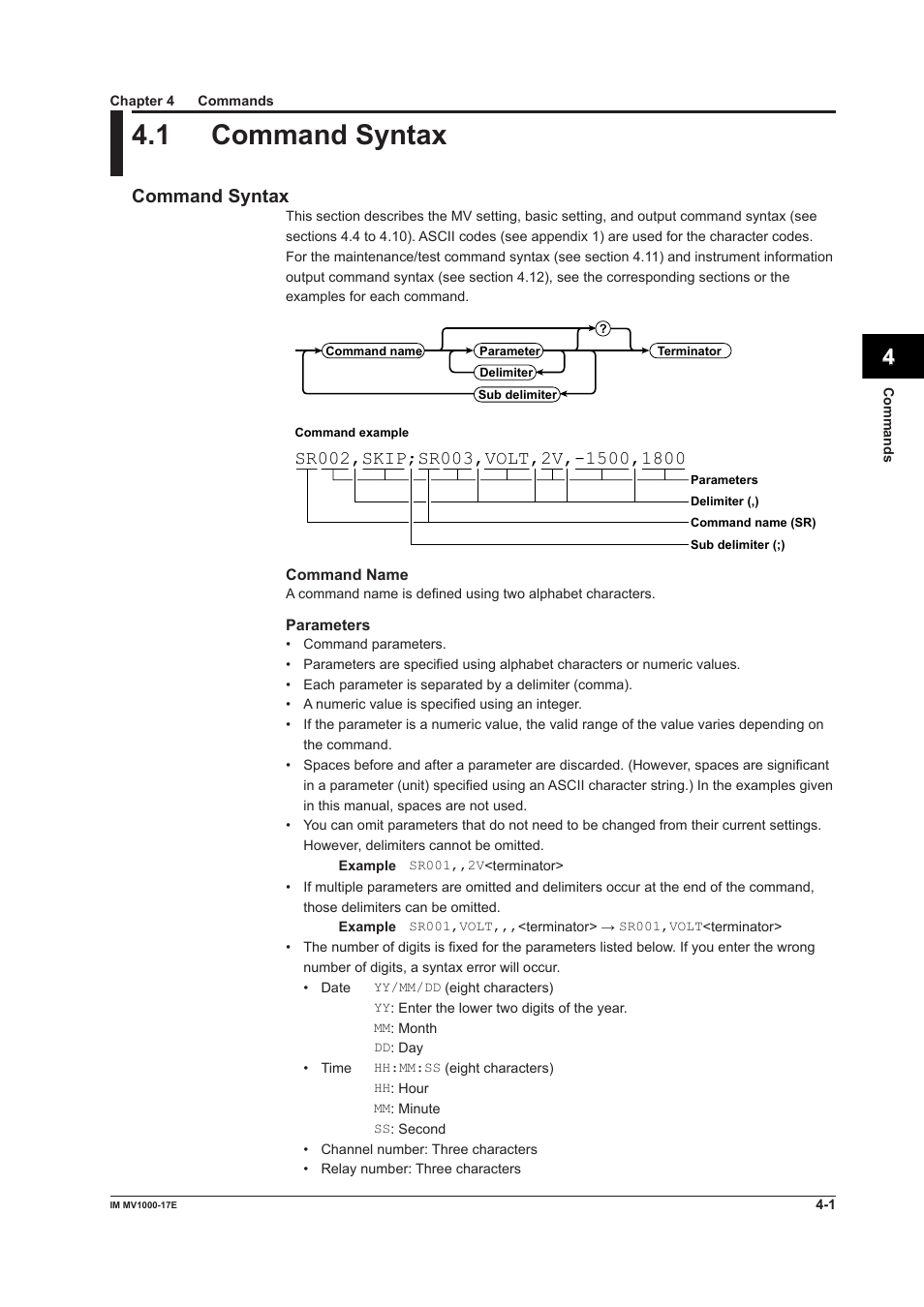 Chapter 4 commands, 1 command syntax, 1 command syntax -1 | App index, Command syntax | Yokogawa Button Operated MV2000 User Manual | Page 75 / 178