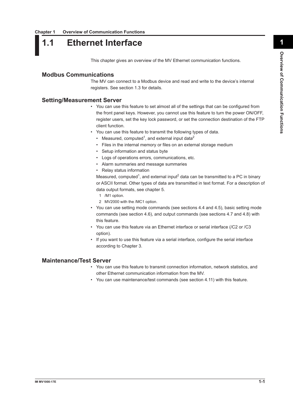 Chapter 1 overview of communication functions, 1 ethernet interface, 1 ethernet interface -1 | Yokogawa Button Operated MV2000 User Manual | Page 8 / 178