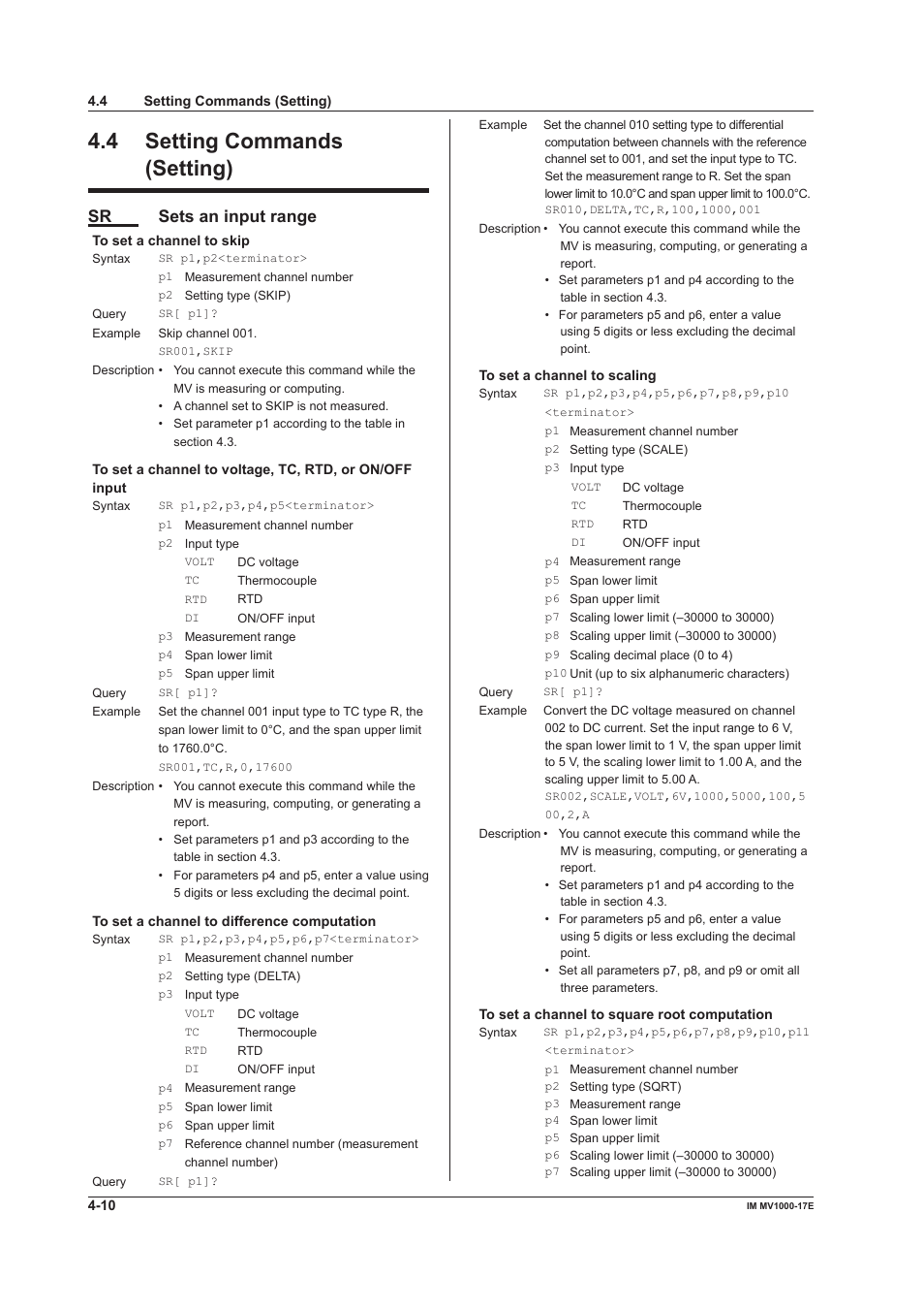 4 setting commands (setting), 4 setting commands (setting) -10, Sr sets an input range | Yokogawa Button Operated MV2000 User Manual | Page 84 / 178