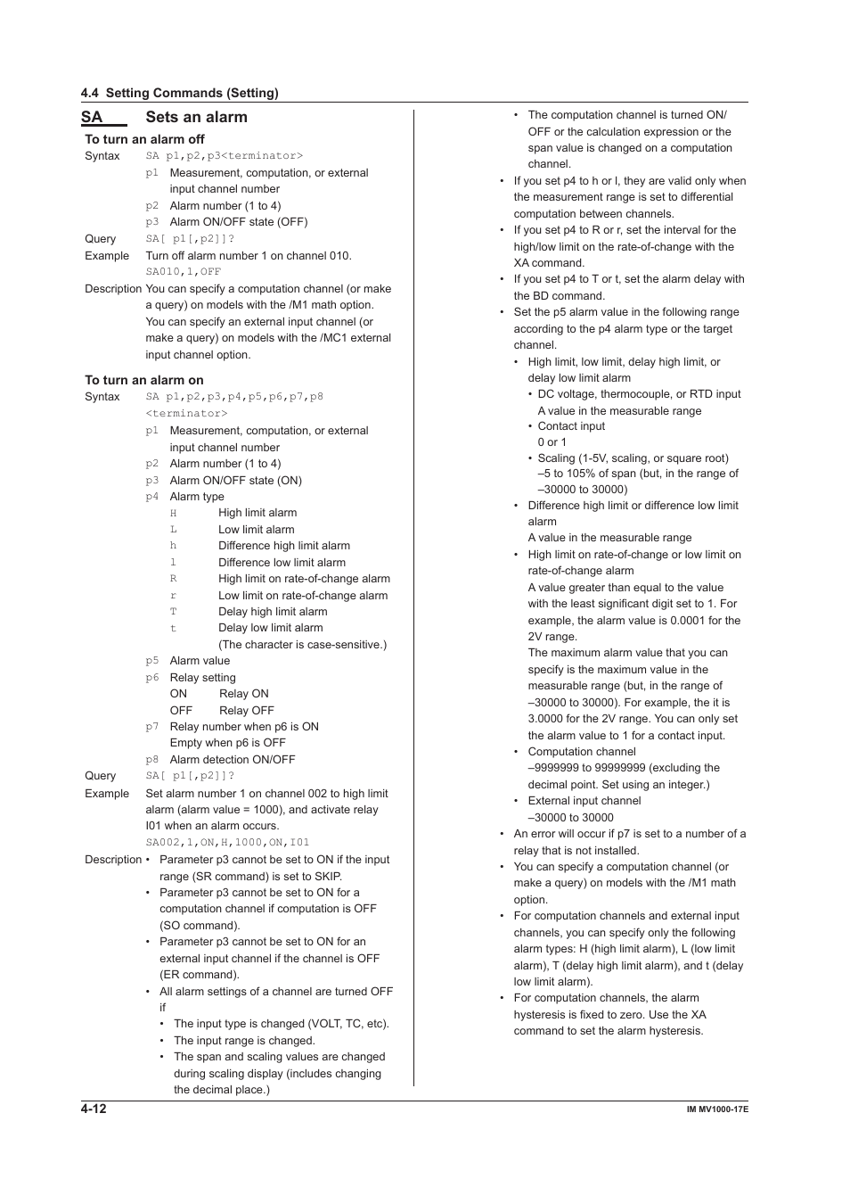 Sa sets an alarm | Yokogawa Button Operated MV2000 User Manual | Page 86 / 178