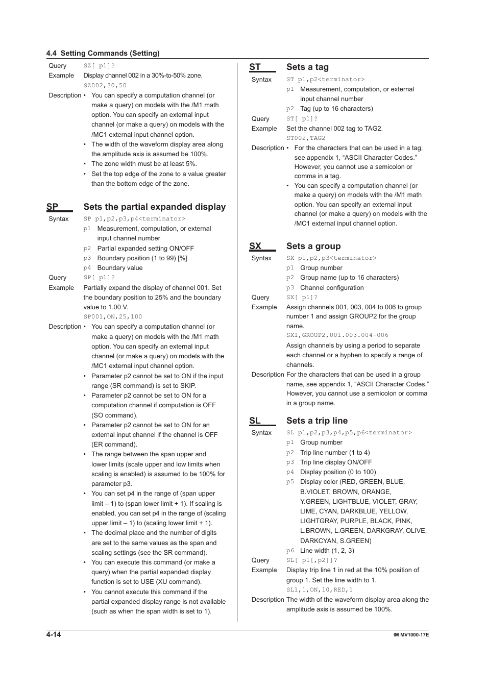 Sp sets the partial expanded display, St sets a tag, Sx sets a group | Sl sets a trip line | Yokogawa Button Operated MV2000 User Manual | Page 88 / 178