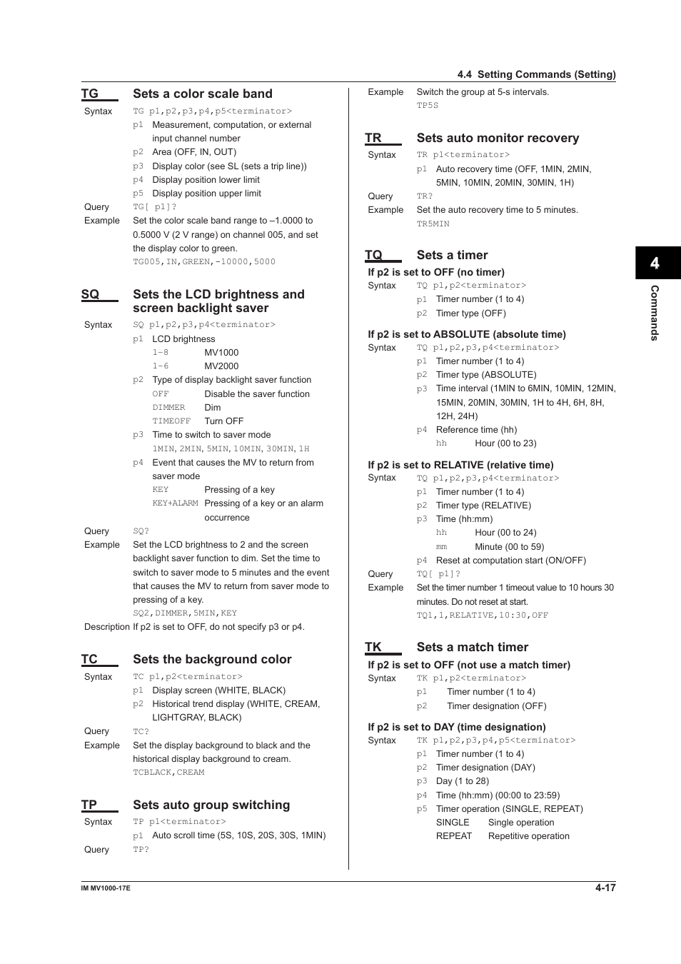 App index, Tg sets a color scale band, Tc sets the background color | Tp sets auto group switching, Tr sets auto monitor recovery, Tq sets a timer, Tk sets a match timer | Yokogawa Button Operated MV2000 User Manual | Page 91 / 178