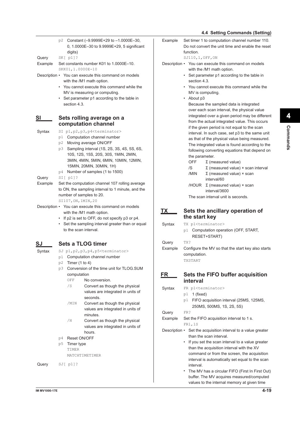 App index, Si sets rolling average on a computation channel, Sj sets a tlog timer | Tx sets the ancillary operation of the start key, Fr sets the fifo buffer acquisition interval | Yokogawa Button Operated MV2000 User Manual | Page 93 / 178