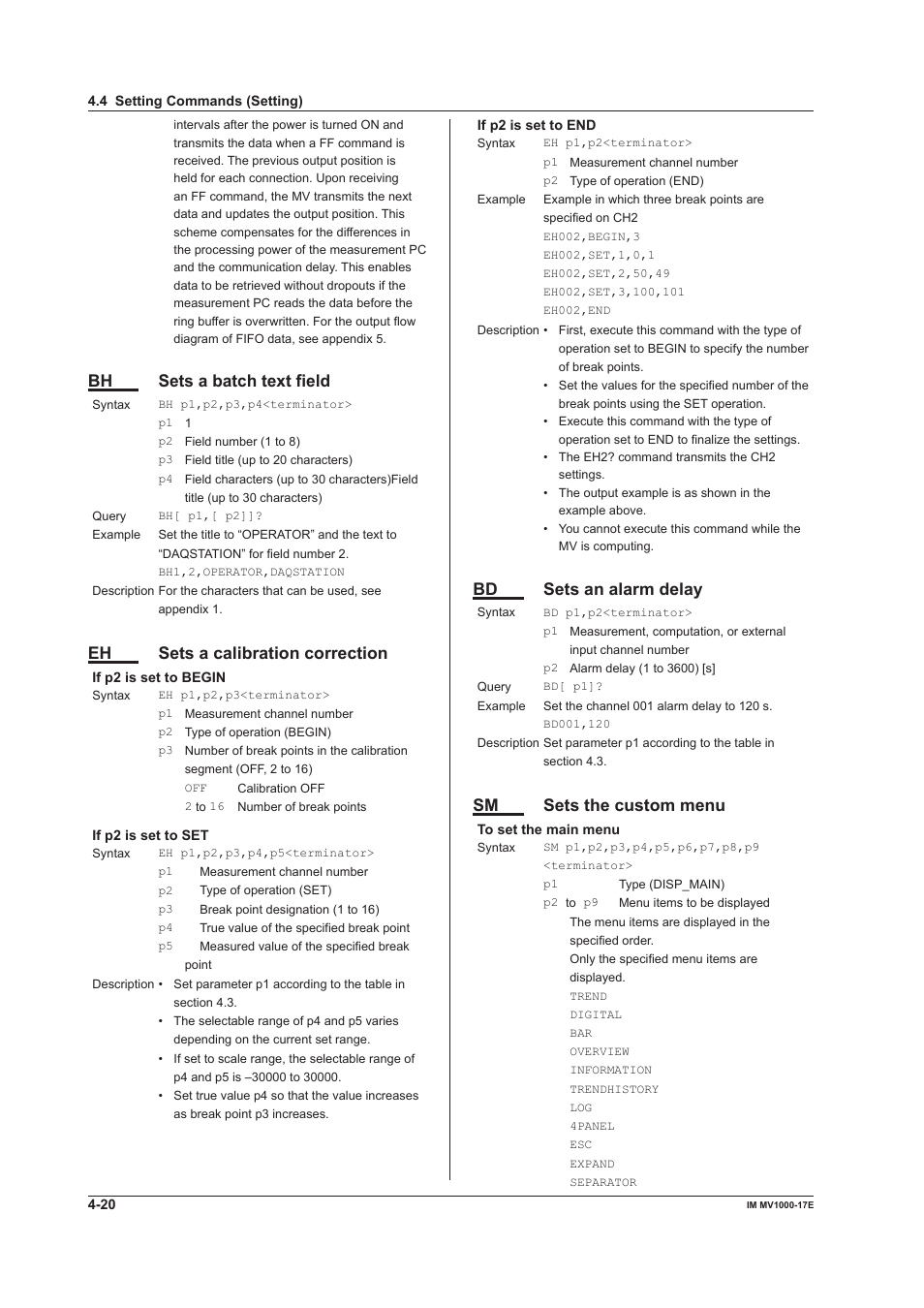 Bh sets a batch text field, Eh sets a calibration correction, Bd sets an alarm delay | Sm sets the custom menu | Yokogawa Button Operated MV2000 User Manual | Page 94 / 178