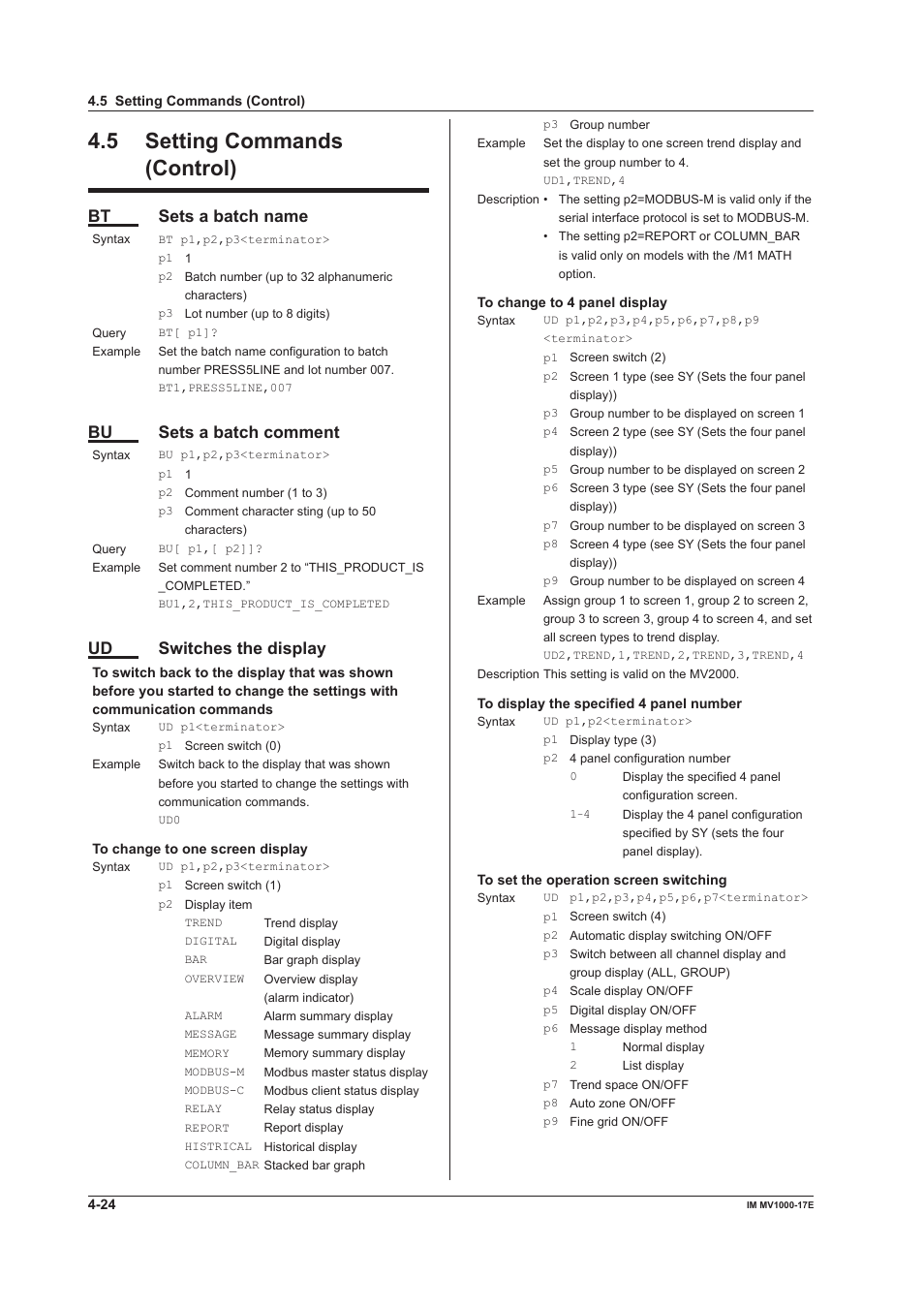 5 setting commands (control), 5 setting commands (control) -24, Bt sets a batch name | Bu sets a batch comment, Ud switches the display | Yokogawa Button Operated MV2000 User Manual | Page 98 / 178