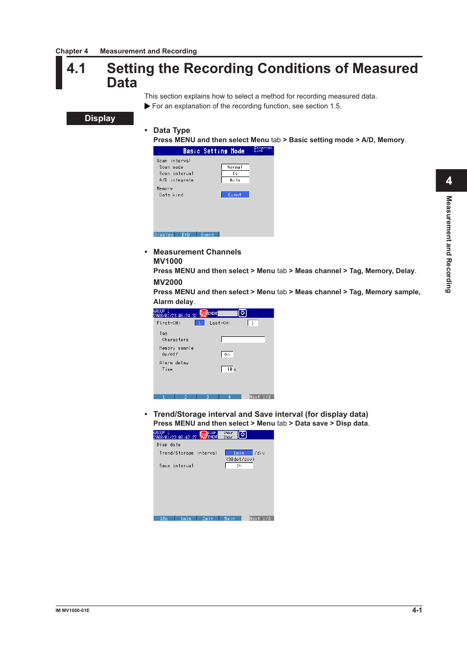 Chapter 4 measurement and recording, Chapter 4 measurement and recordng | Yokogawa Button Operated MV2000 User Manual | Page 101 / 310