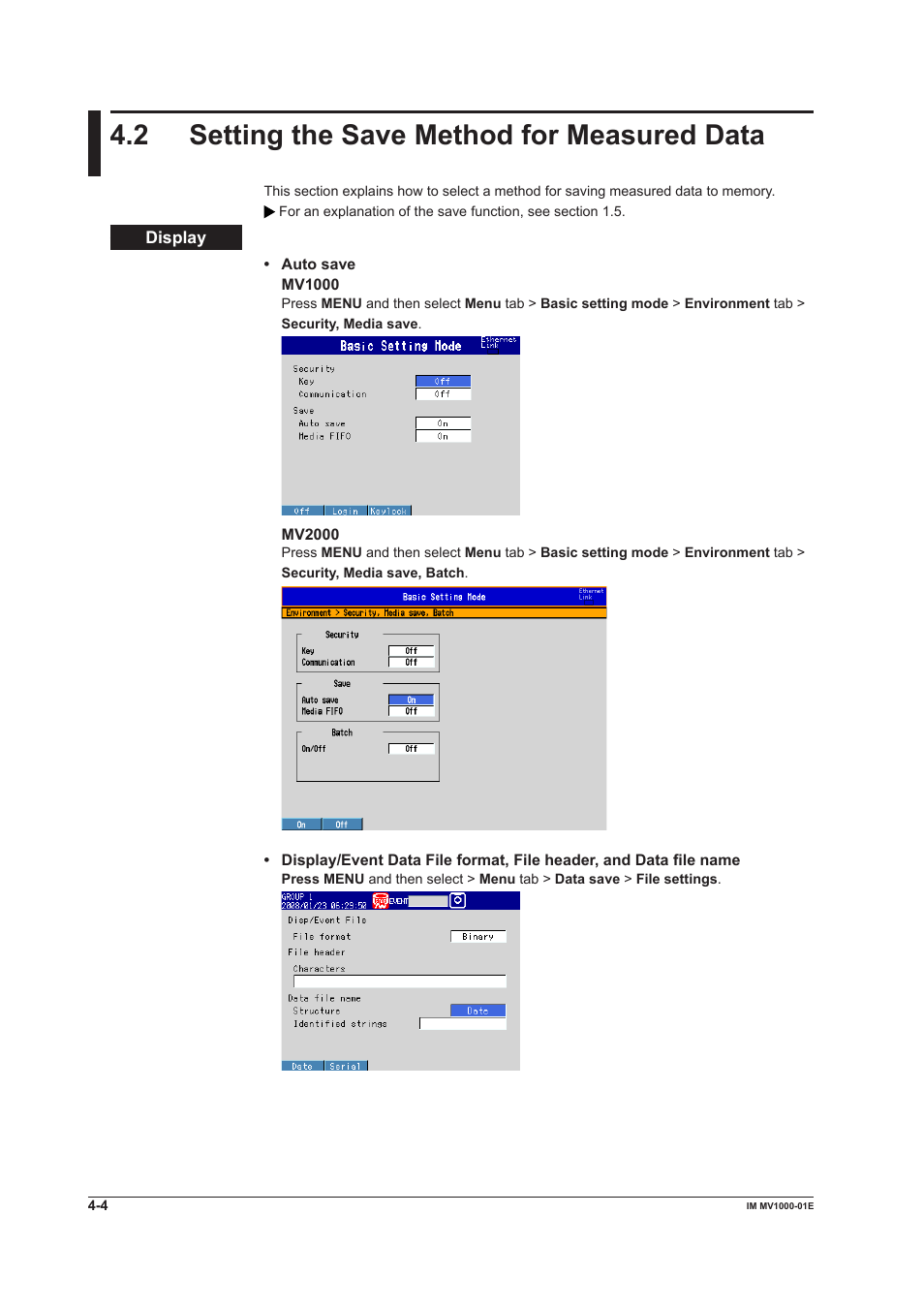 2 setting the save method for measured data, 2 setting the save method for measured data -4, 2 settng the save method for measured data | Yokogawa Button Operated MV2000 User Manual | Page 104 / 310