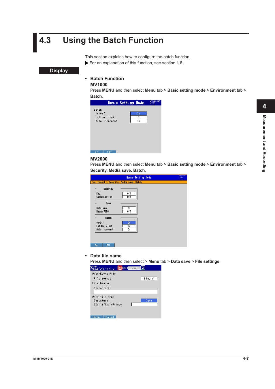 3 using the batch function, 3 using the batch function -7, 3 usng the batch functon | Yokogawa Button Operated MV2000 User Manual | Page 107 / 310