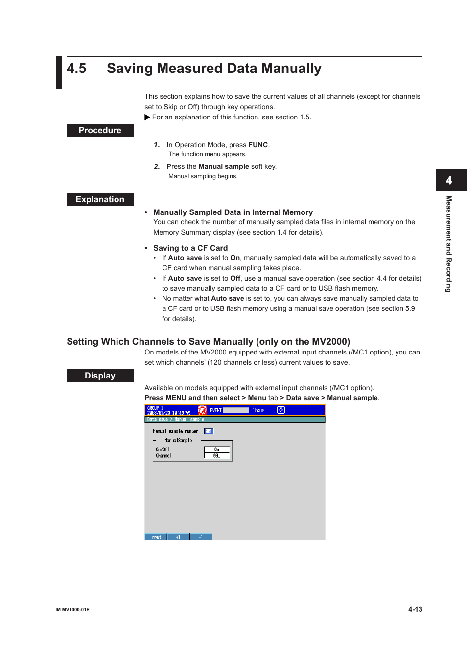 5 saving measured data manually, 5 saving measured data manually -13, 5 savng measured data manually | Yokogawa Button Operated MV2000 User Manual | Page 113 / 310