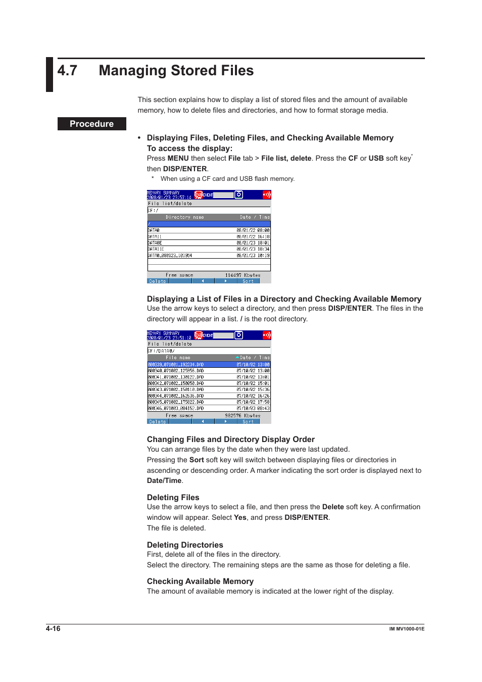 7 managing stored files, 7 managing stored files -16, 7 managng stored fles | Yokogawa Button Operated MV2000 User Manual | Page 116 / 310