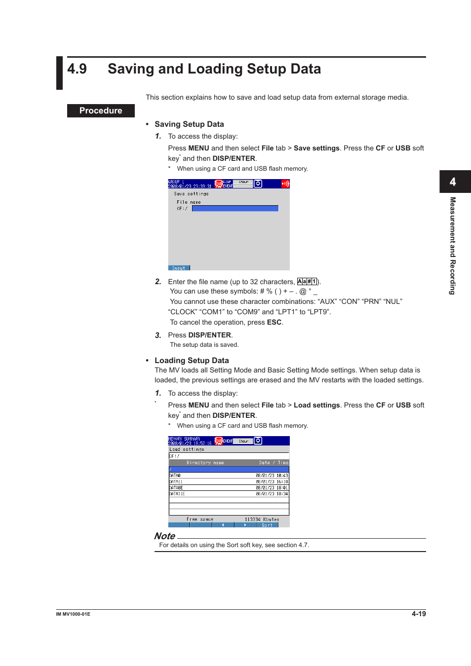 9 saving and loading setup data, 9 saving and loading setup data -19, 9 savng and loadng setup data | Yokogawa Button Operated MV2000 User Manual | Page 119 / 310