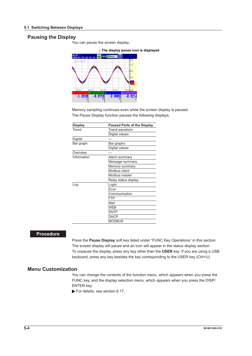 Pausng the dsplay, Menu customzaton, Procedure | Yokogawa Button Operated MV2000 User Manual | Page 126 / 310