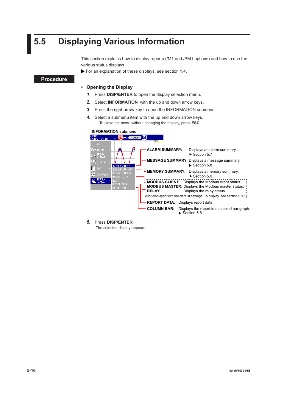 5 displaying various information, 5 displaying various information -16, 5 dsplayng varous informaton | Yokogawa Button Operated MV2000 User Manual | Page 138 / 310