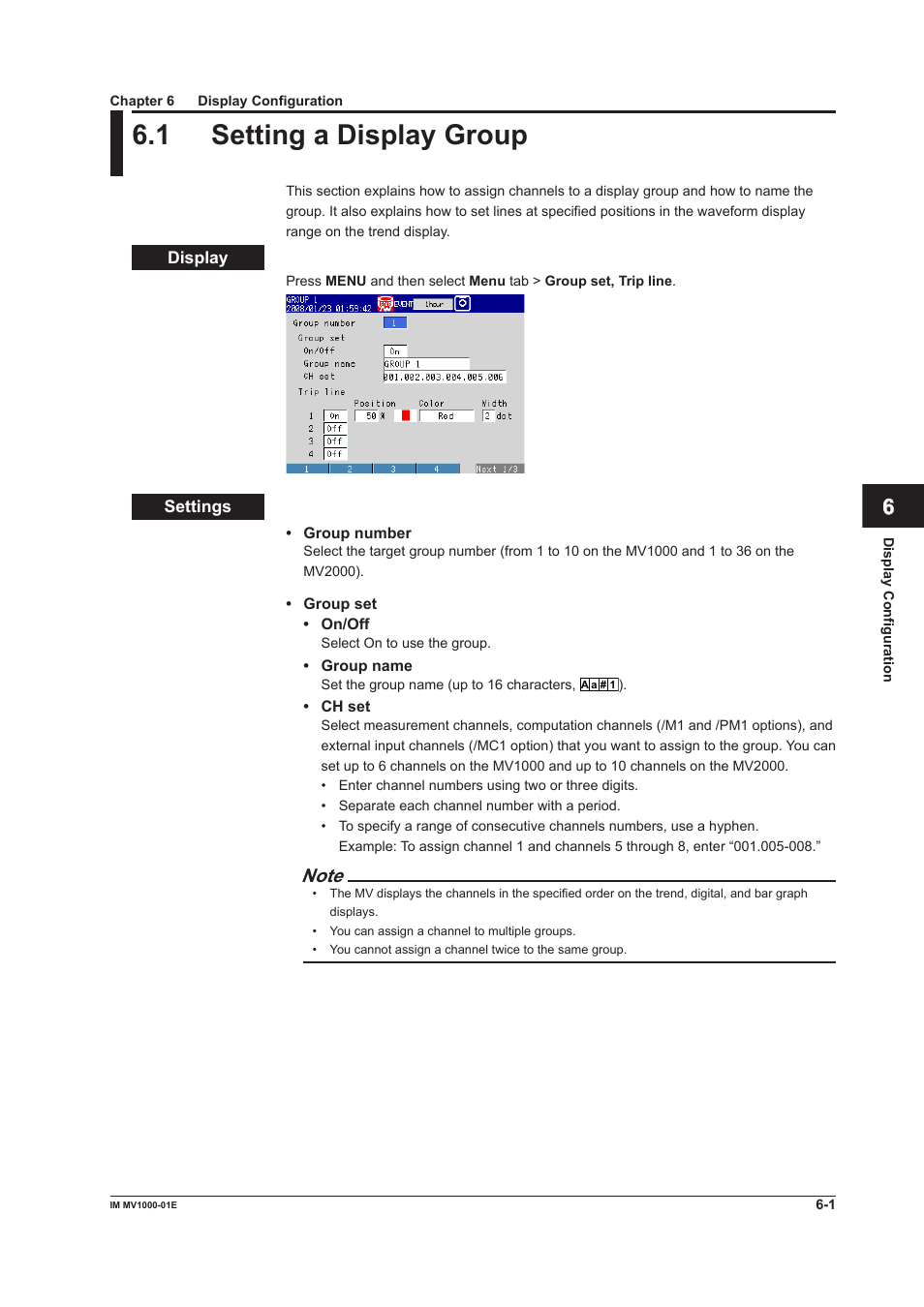 Chapter 6 display configuration, 1 setting a display group, Chapter 6 dsplay confguraton | 1 setting a display group -1, 1 settng a dsplay group | Yokogawa Button Operated MV2000 User Manual | Page 155 / 310