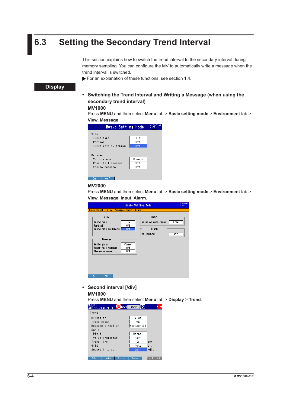 3 setting the secondary trend interval, 3 setting the secondary trend interval -4, 3 settng the secondary trend interval | Yokogawa Button Operated MV2000 User Manual | Page 158 / 310