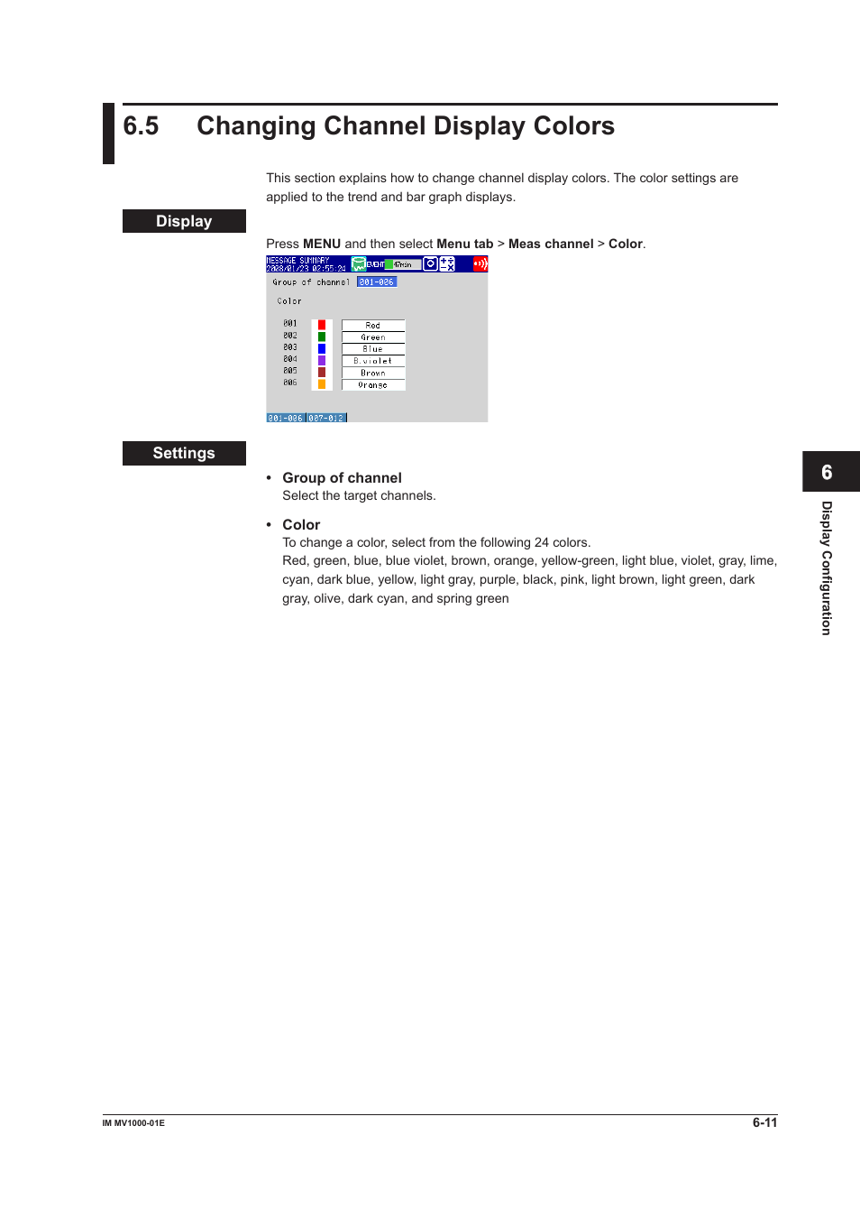 5 changing channel display colors, 5 changing channel display colors -11, 5 changng channel dsplay colors | Yokogawa Button Operated MV2000 User Manual | Page 165 / 310