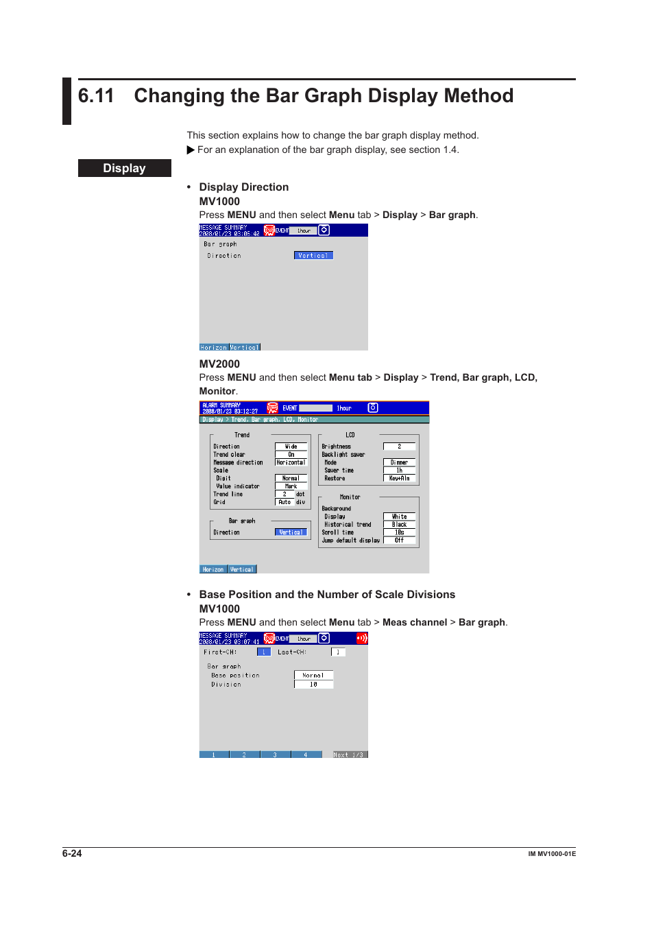 11 changing the bar graph display method, 11 changing the bar graph display method -24, 11 changng the bar graph dsplay method | Yokogawa Button Operated MV2000 User Manual | Page 178 / 310