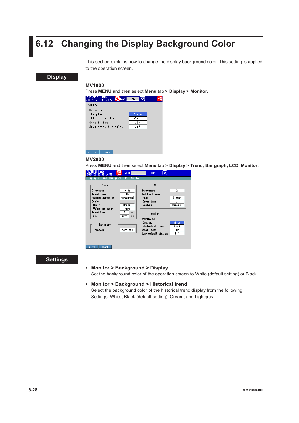 12 changing the display background color, 12 changing the display background color -28, 12 changng the dsplay background color | Yokogawa Button Operated MV2000 User Manual | Page 182 / 310