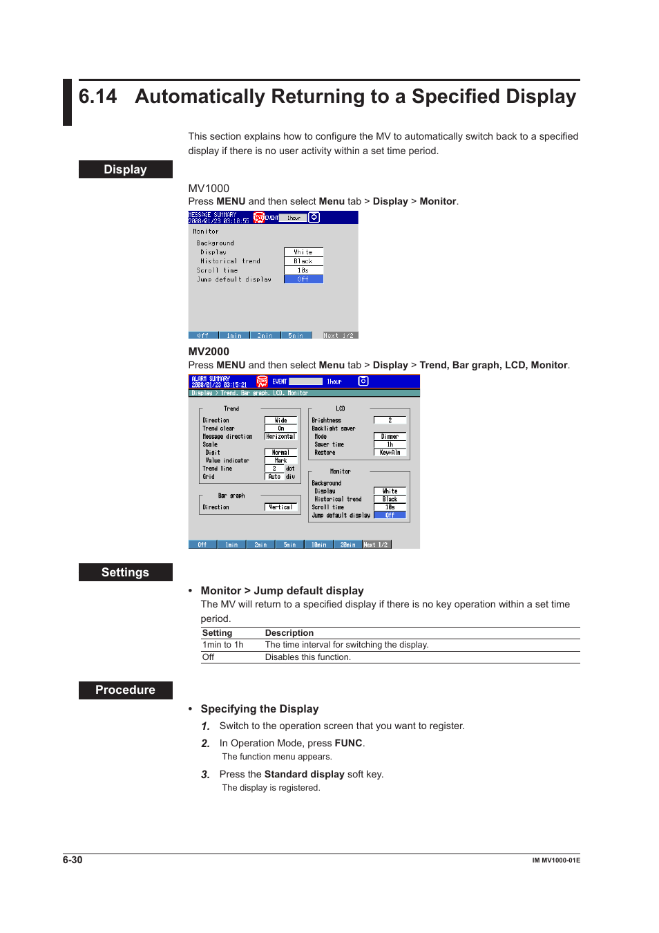 14 automatically returning to a specified display, 14 automatcally returnng to a specfed dsplay | Yokogawa Button Operated MV2000 User Manual | Page 184 / 310