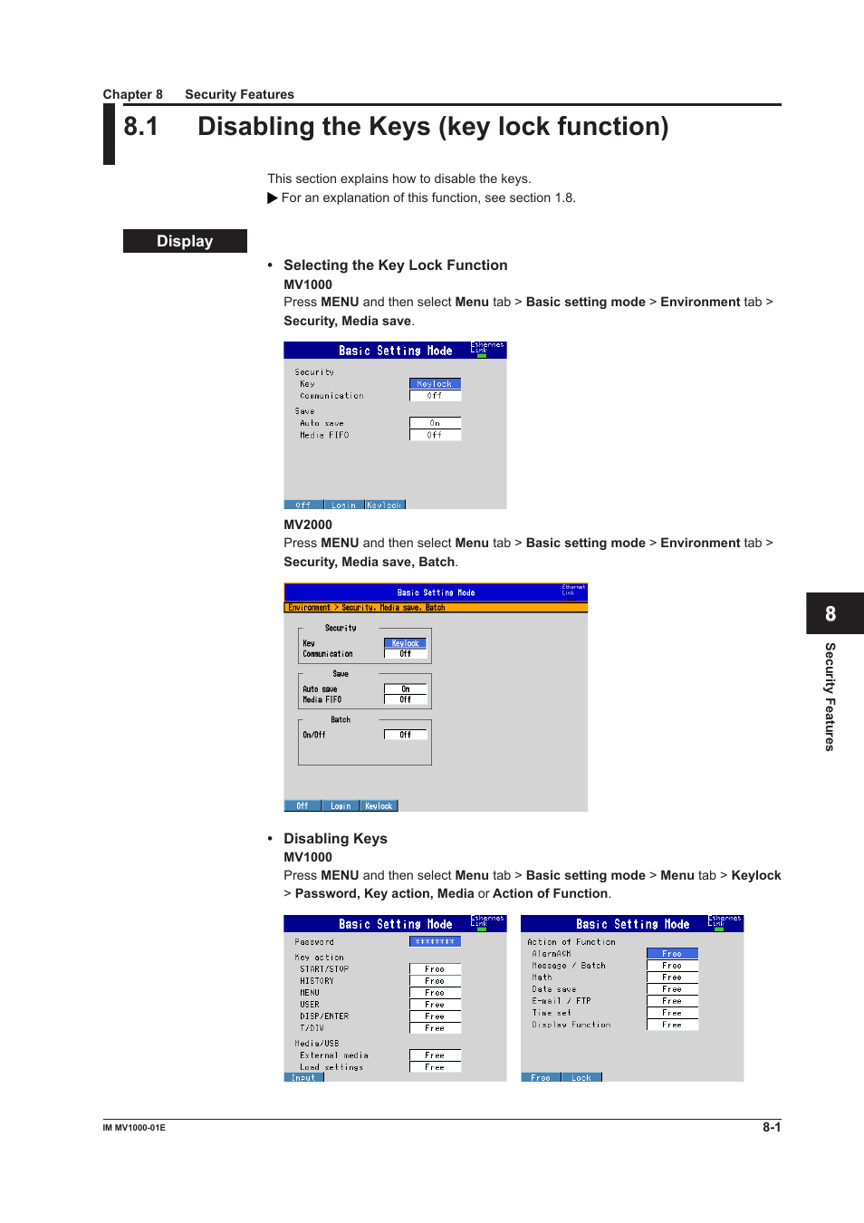 Chapter 8 security features, 1 disabling the keys (key lock function), Chapter 8 securty features | 1 disabling the keys (key lock function) -1, 1 dsablng the keys (key lock functon) | Yokogawa Button Operated MV2000 User Manual | Page 200 / 310