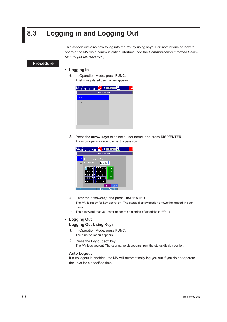 3 logging in and logging out, 3 logging in and logging out -8, 3 loggng n and loggng out | Yokogawa Button Operated MV2000 User Manual | Page 207 / 310