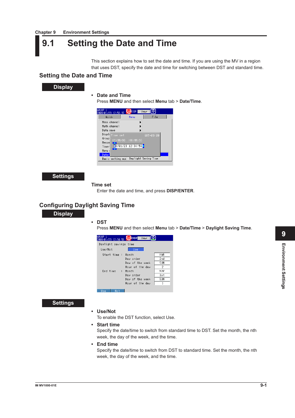 Chapter 9 environment settings, 1 setting the date and time, Chapter 9 envronment settngs | 1 setting the date and time -1, 1 settng the date and tme | Yokogawa Button Operated MV2000 User Manual | Page 209 / 310